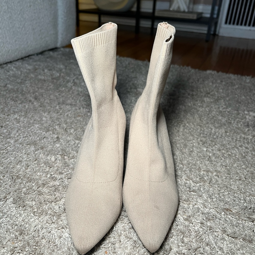 Beige Minimalist Pointed Toe Sock Boot - image 3